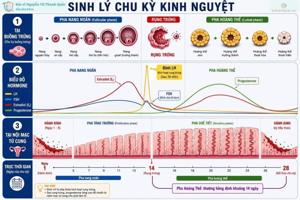 Sinh lý chu kỳ kinh nguyệt, với các hoạt động phối hợp nhịp nhàn của trục nội tiết: hạ đồi - tuyết yên - buồng trứng và tác động lên nội mạc tử cung.