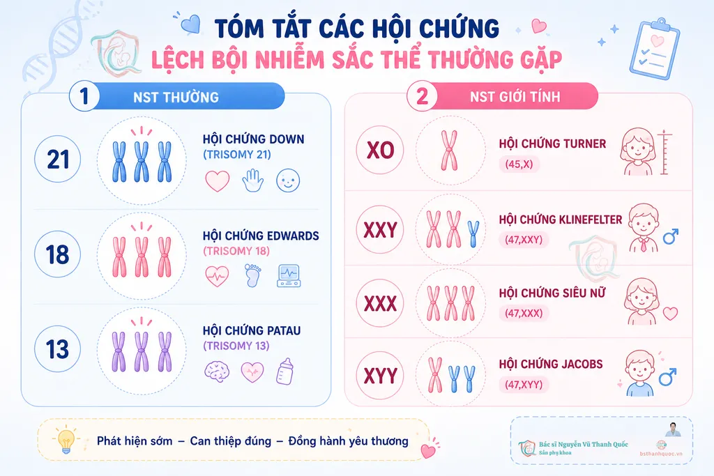 Hình ảnh mô tả các bất thường lệch bội nhiễm sắc: Hội chứng Down, hội chứng Edwards, hội chứng Patau và các hội chứng bất thường Nhiễm sắc thể giới tính