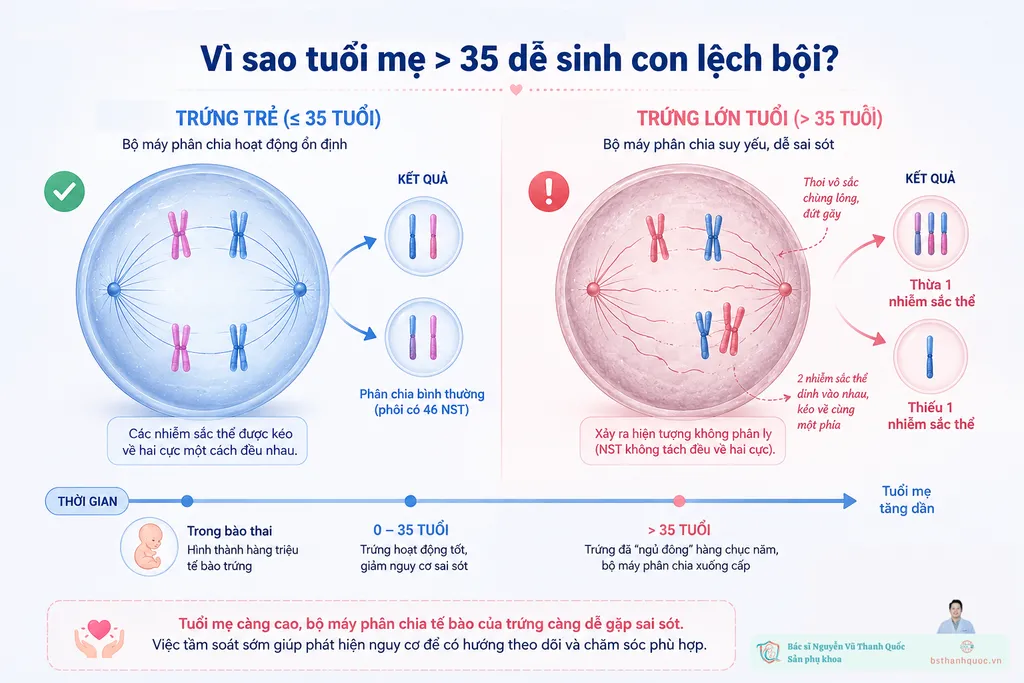 Cơ chế rối loạn phân lý Nhiễm sắc thể gây lệch nội nhiễm sắc thể ở phụ nữ mang thai lớn hơn 35 tuổi.