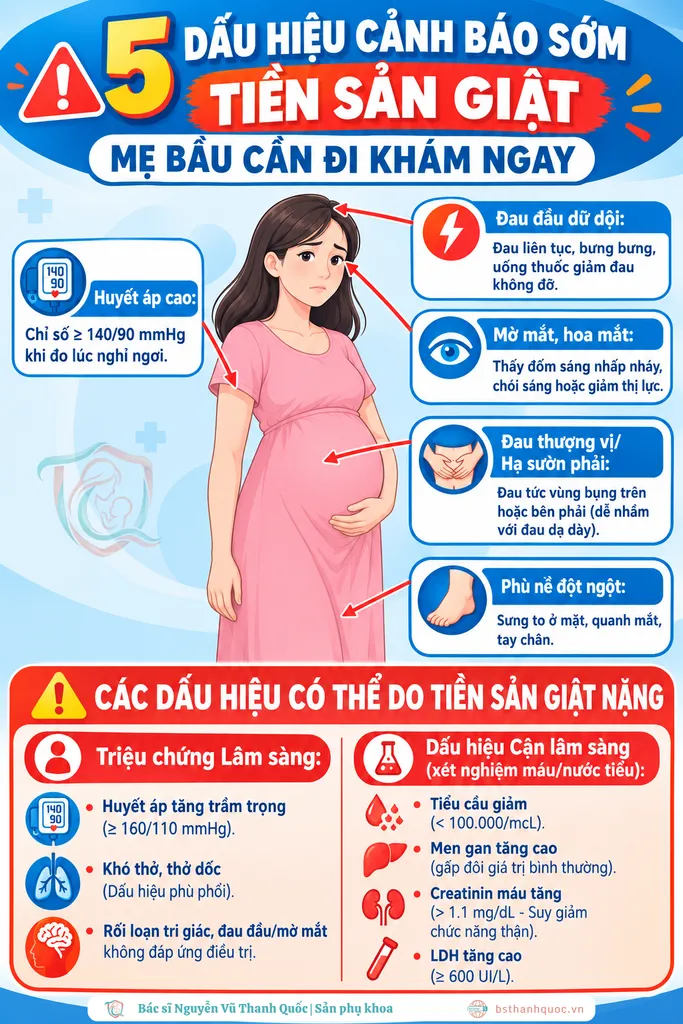 5 dấu hiệu cảnh báo sớm tiền sản giật và các triệu chứng lâm sàng, cận lâm sàng của tiền sản giật có dấu hiệu nặng do Bác sĩ Thanh Quốc  - Sản phụ khoa tổng hợp.